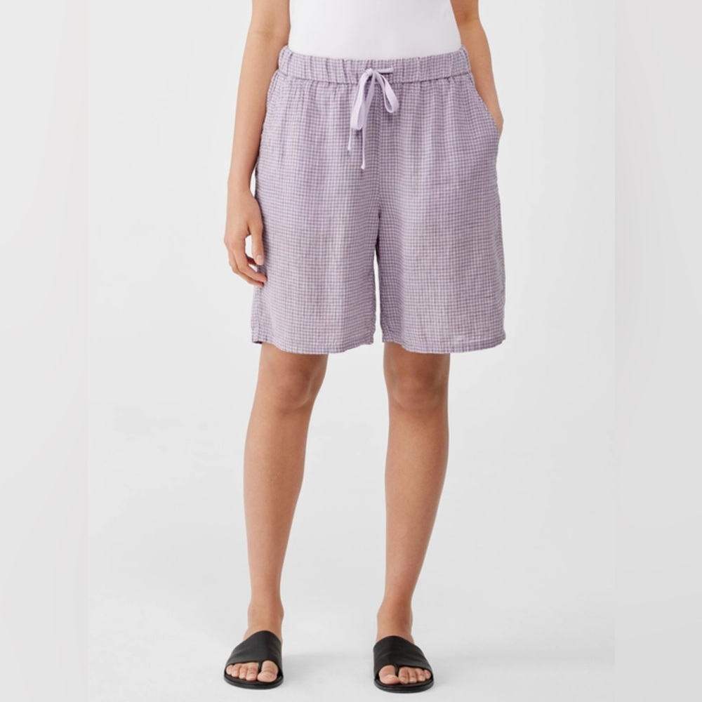 Eileen Fisher Lavender Gingham Drawstring Bermuda Shorts